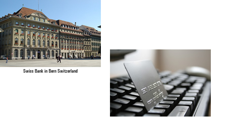 Swiss Bank in Bern Switzerland and A Credit Card on a Keyboard